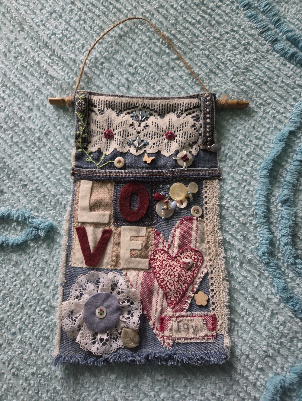 Handmade 'LOVE' Denim Wall Hanging in Red, Cream, Blue